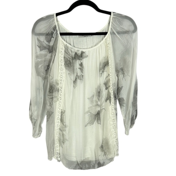 Viola Borghi Silk Sheer Floral Long Sleeve Blouse Medium White Grey Ethereal - Picture 2 of 15